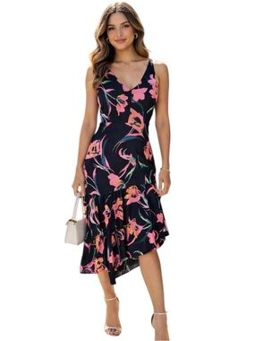 Milly Dress Womens‎ 4 Black Floral V Neck Asymmetrical Hem Midi Romantic
Spring